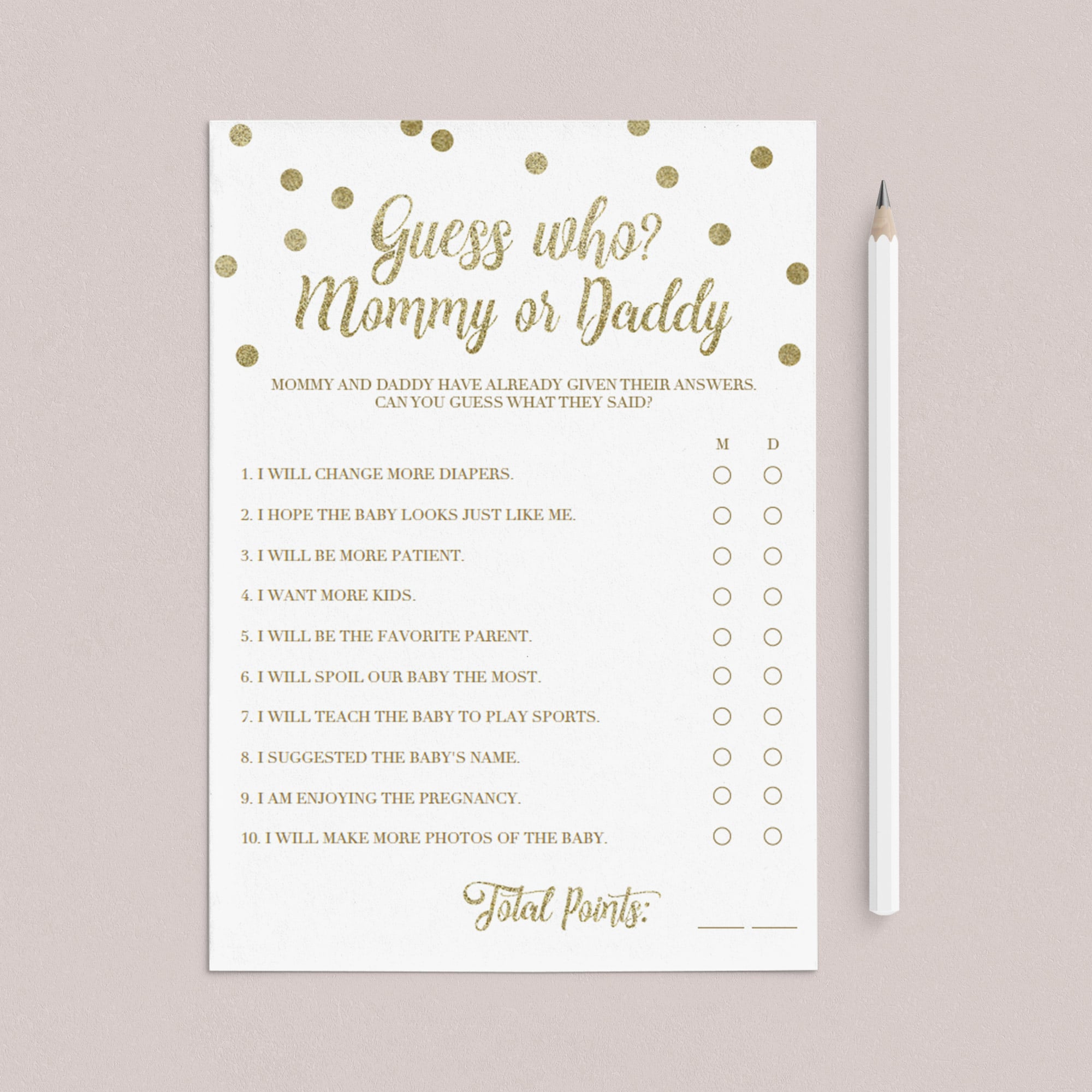 Gold glitter baby games printable mommy quiz by LittleSizzle