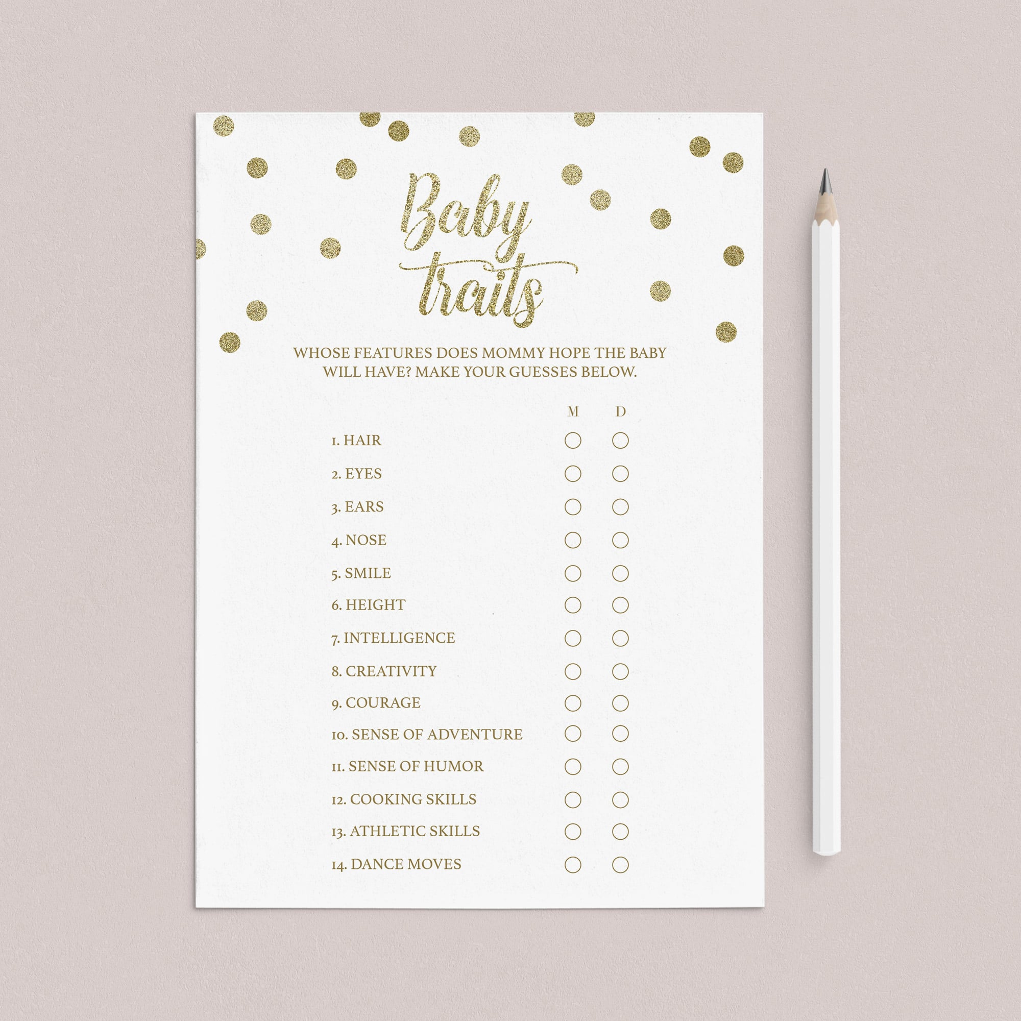 Whose Traits Baby Shower Game Printable Gold Confetti by LittleSizzle