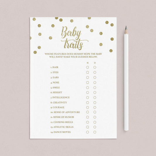 Whose Traits Baby Shower Game Printable Gold Confetti by LittleSizzle
