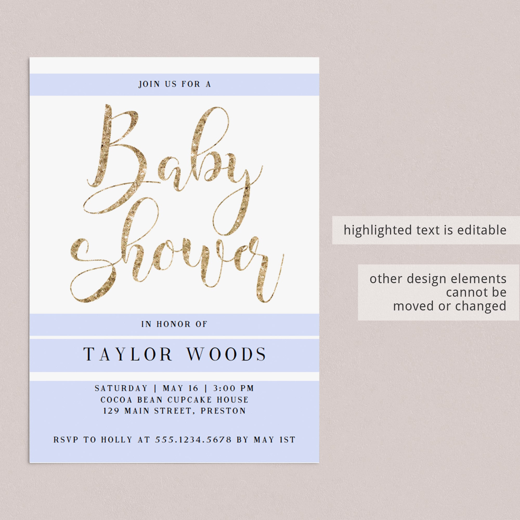 Modern white and gold baby shower invite template by LittleSizzle