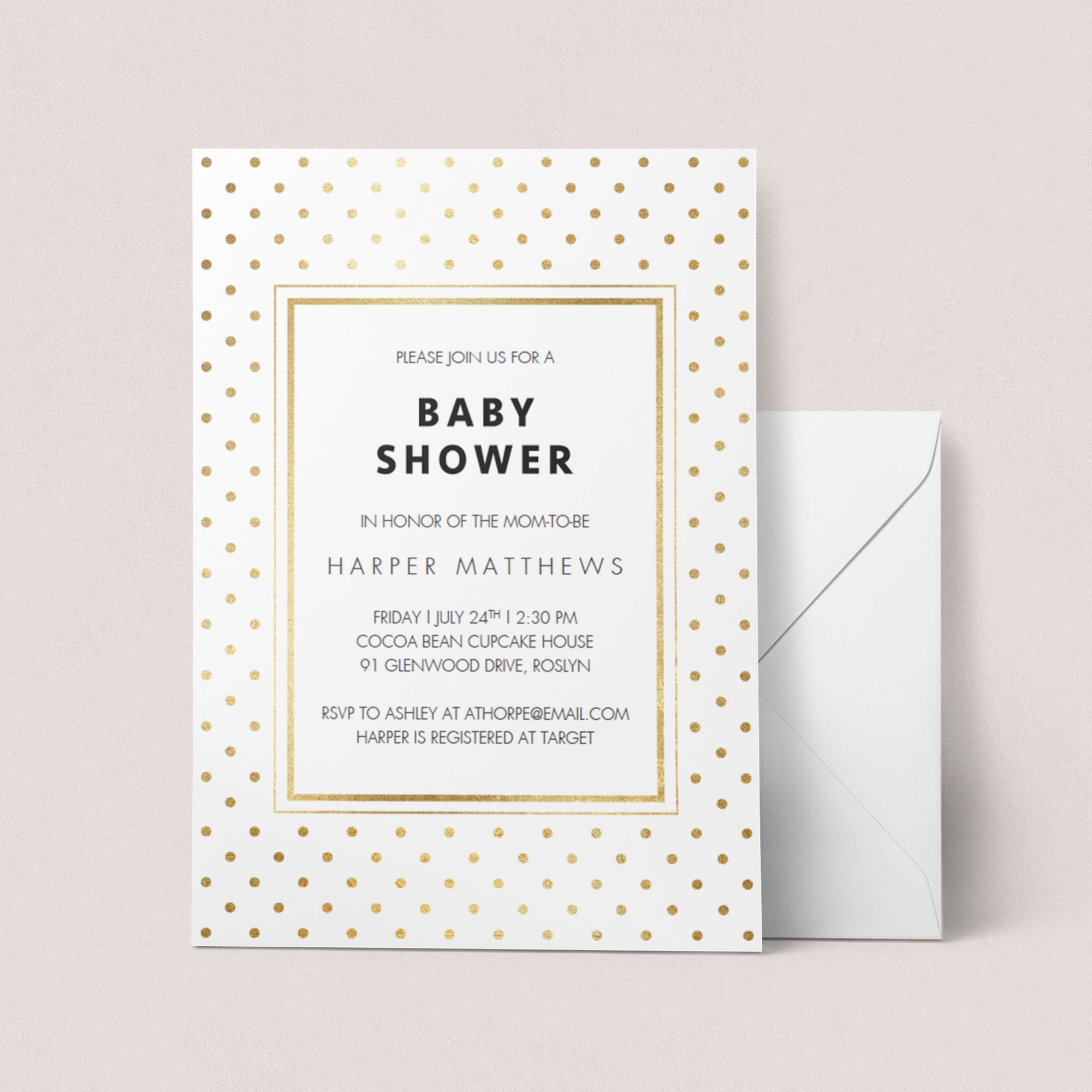 Gold polka dots baby shower invitation by LittleSizzle