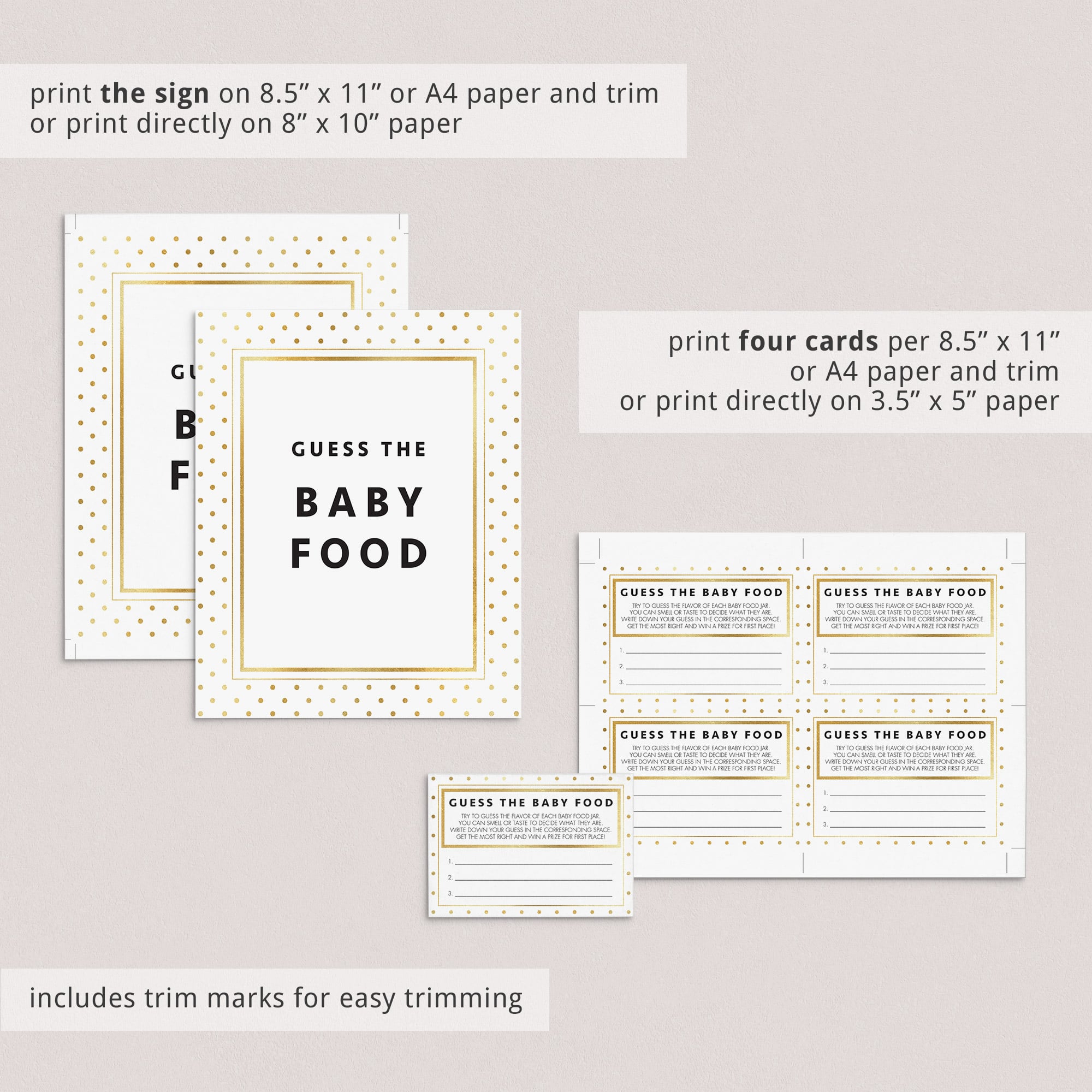 Printable baby food game cards gold dots by LittleSizzle