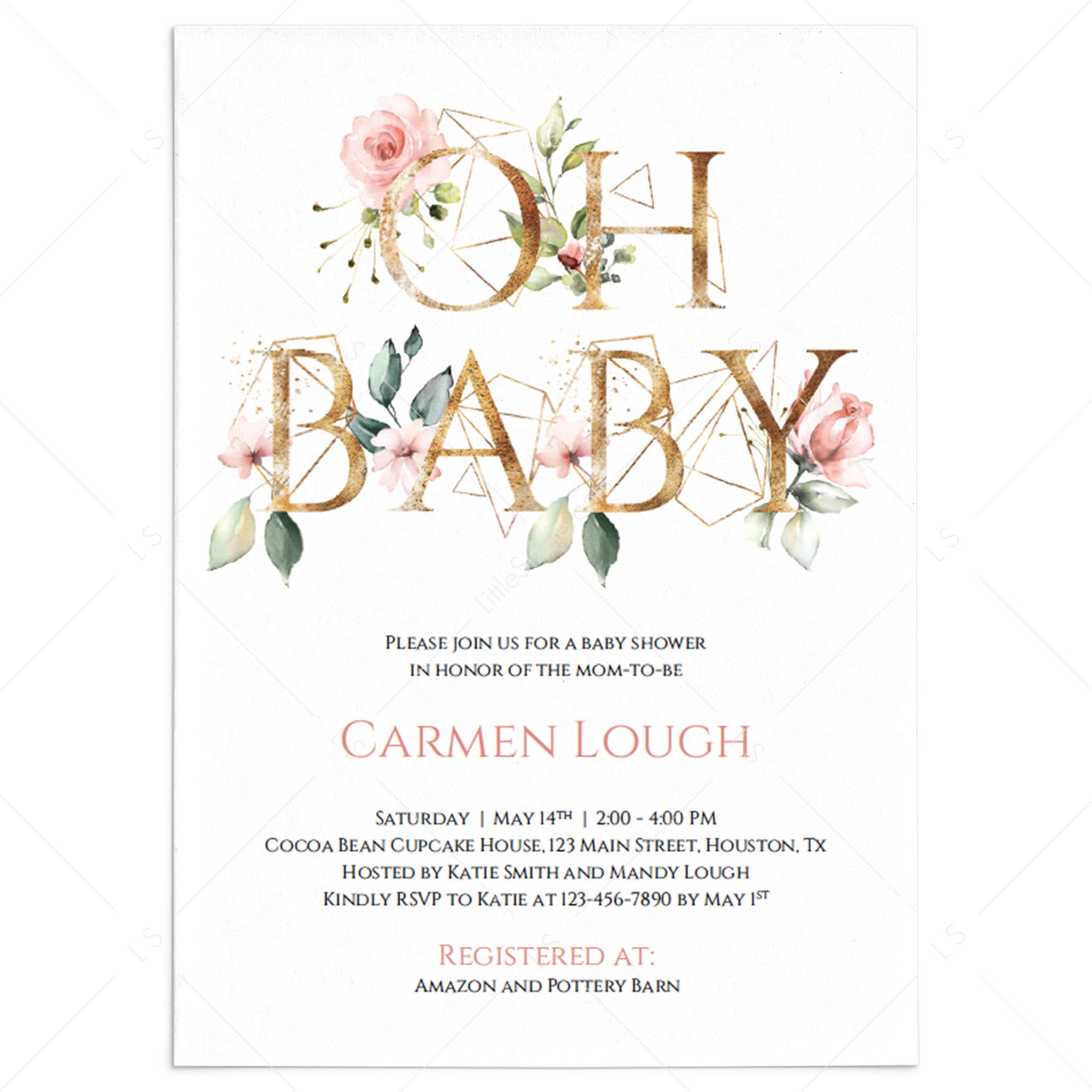 Gold floral pink and green oh baby invitation for girl baby shower by Littlesizzle