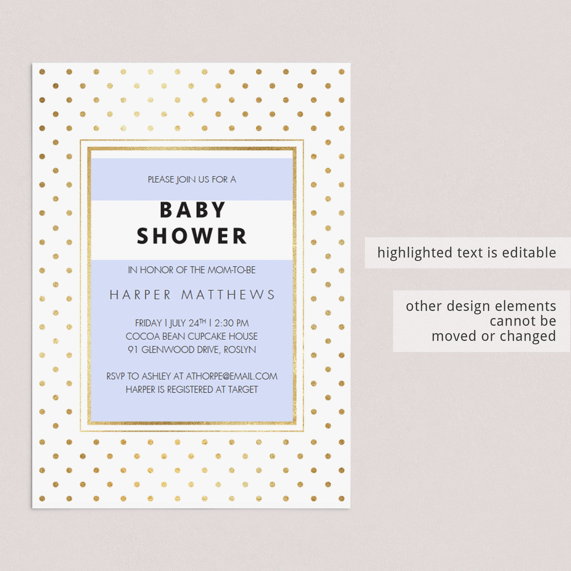 Make your own baby shower invitations with this gold baby shower invitation template by LittleSizzle
