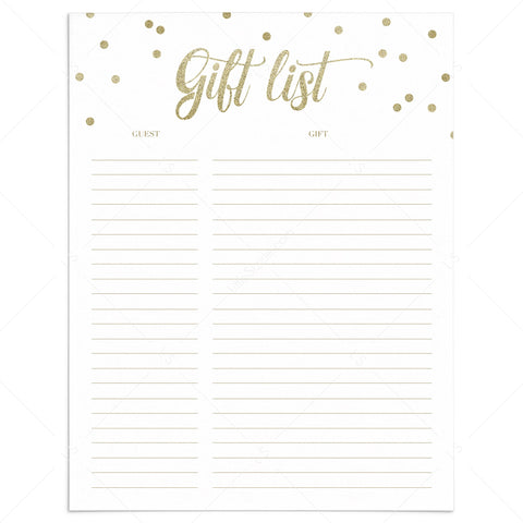 Gold Confetti Gift List Printable | Instant download PDF and JPG files ...