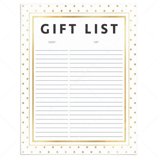 Printable gift list with gold polka dots by LittleSizzle