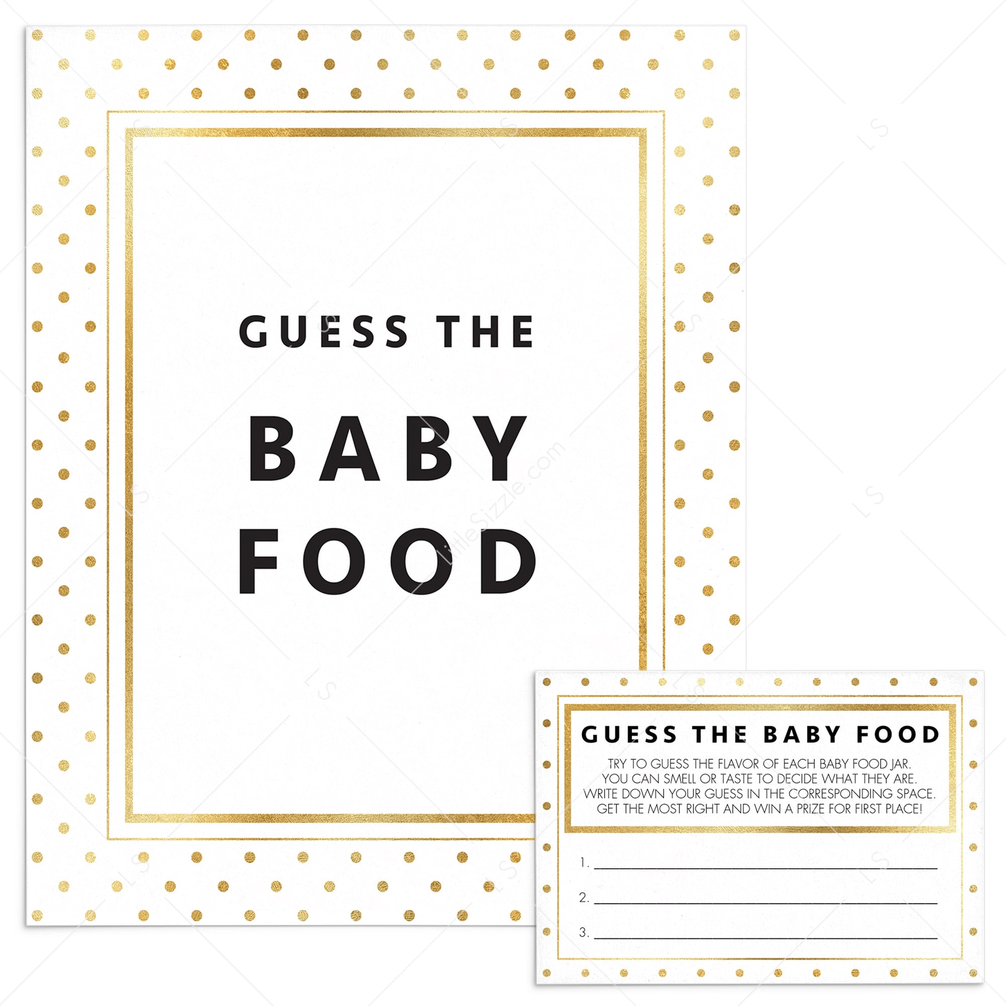 Gold baby shower guess the baby food sign and cards by LittleSizzle