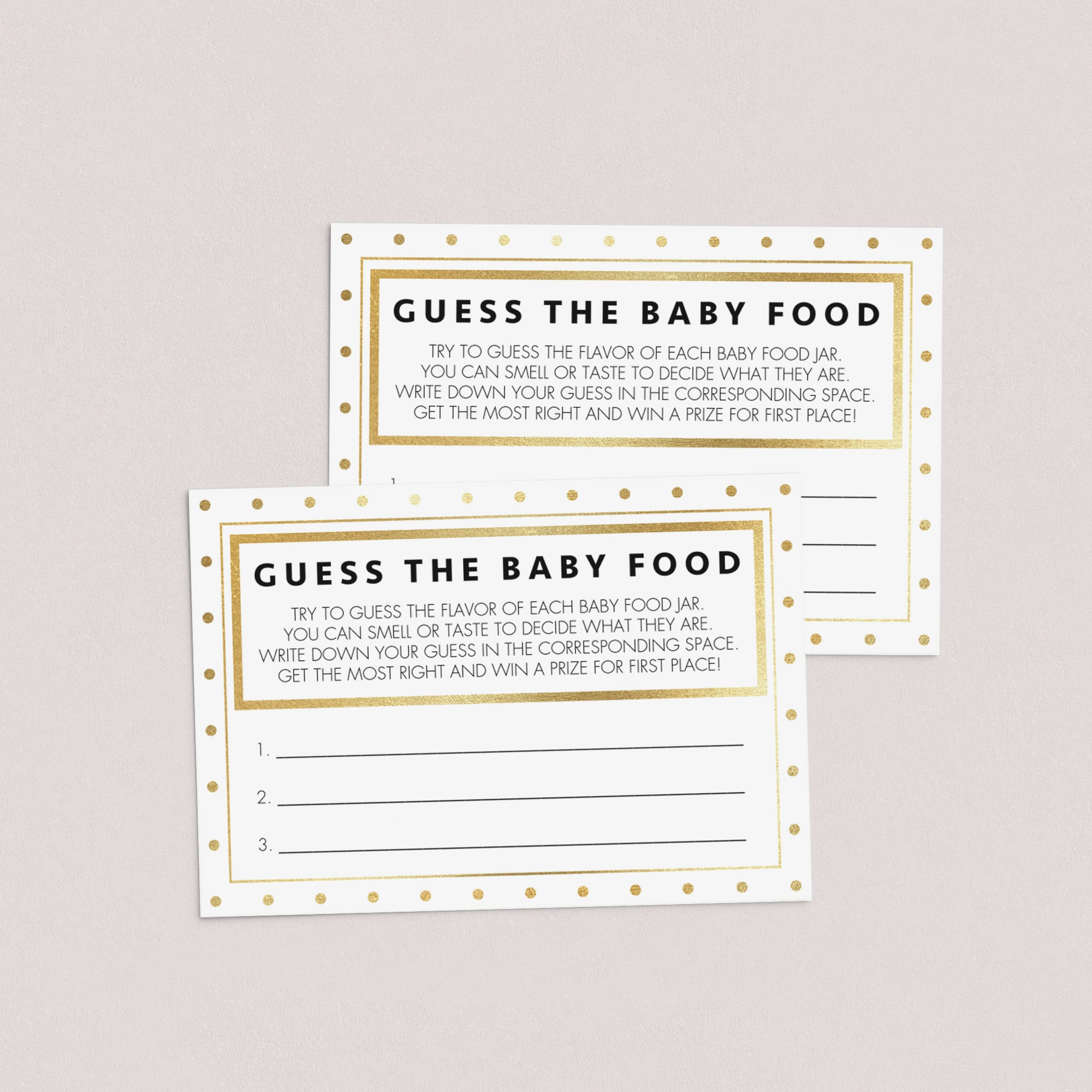 Gold glitter baby shower food guessing cards printable PDF by LittleSizzle
