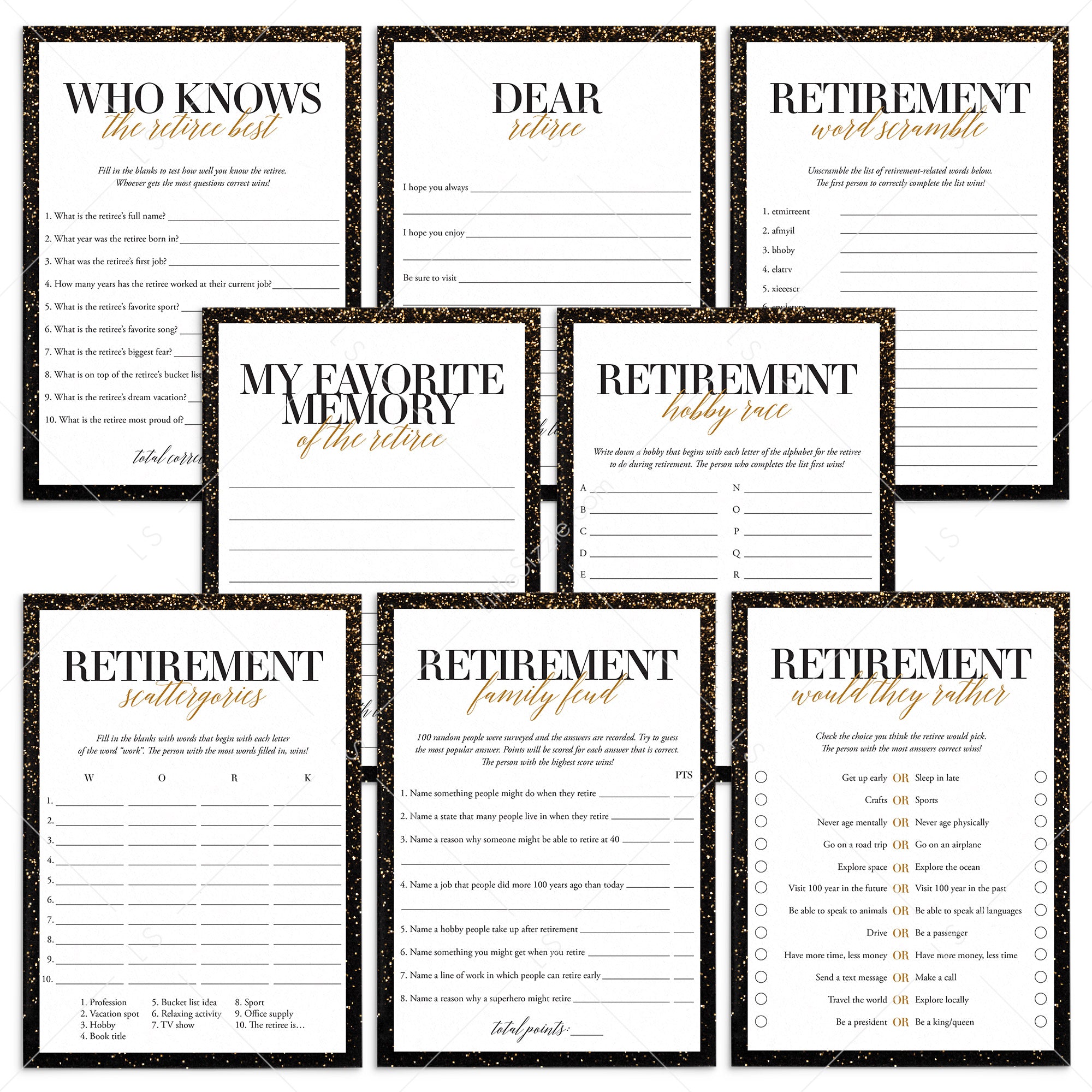 Gold Retirement Party Games Bundle Printable by LittleSizzle