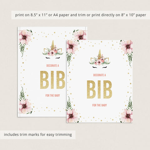 Unicorn Baby Shower decorations Decorate A Bib sign printable | Instant ...