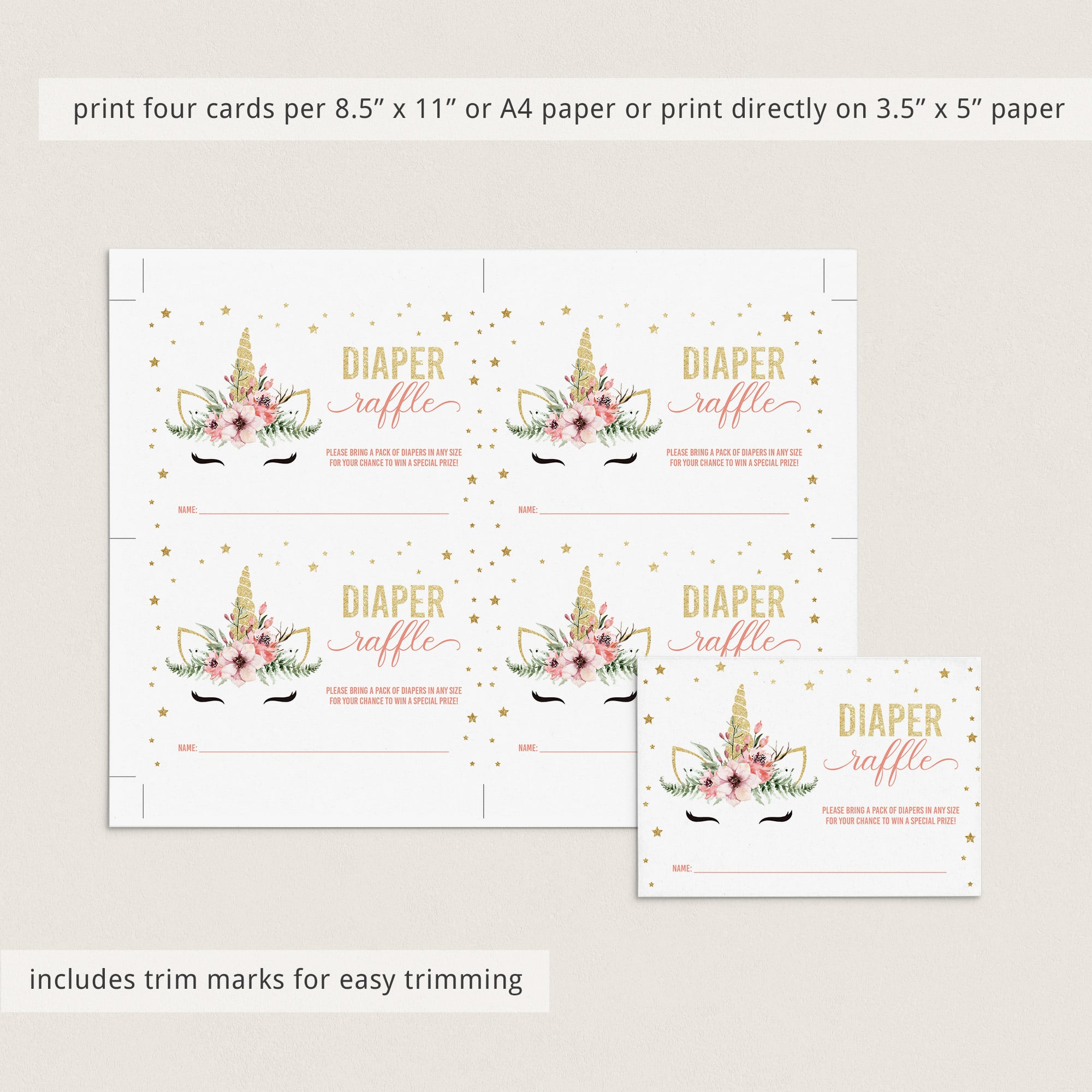 Printable diaper raffle tickets for girl unicorn babyshower party by LittleSizzle