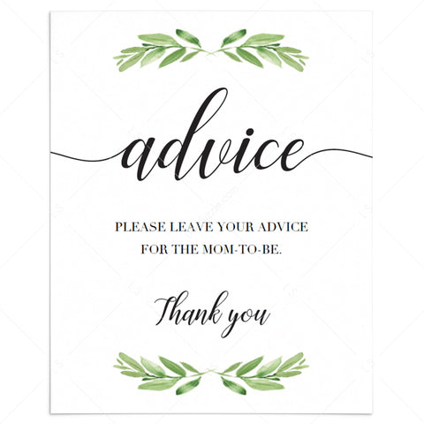 Greenery baby shower Advice Sign printable | Green baby shower decor ...