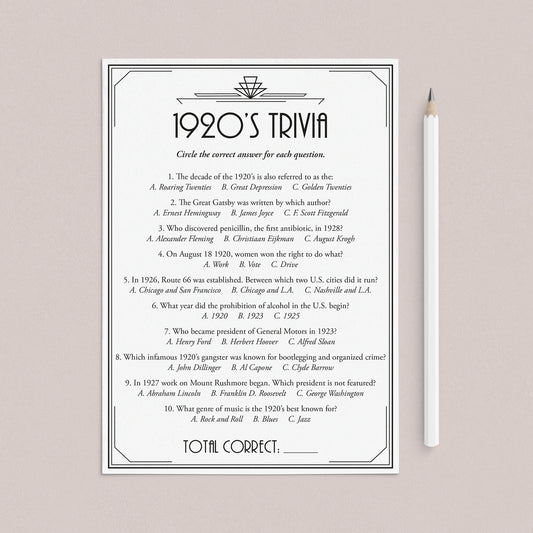 1920's Trivia Questions and Answers Printable by LittleSizzle