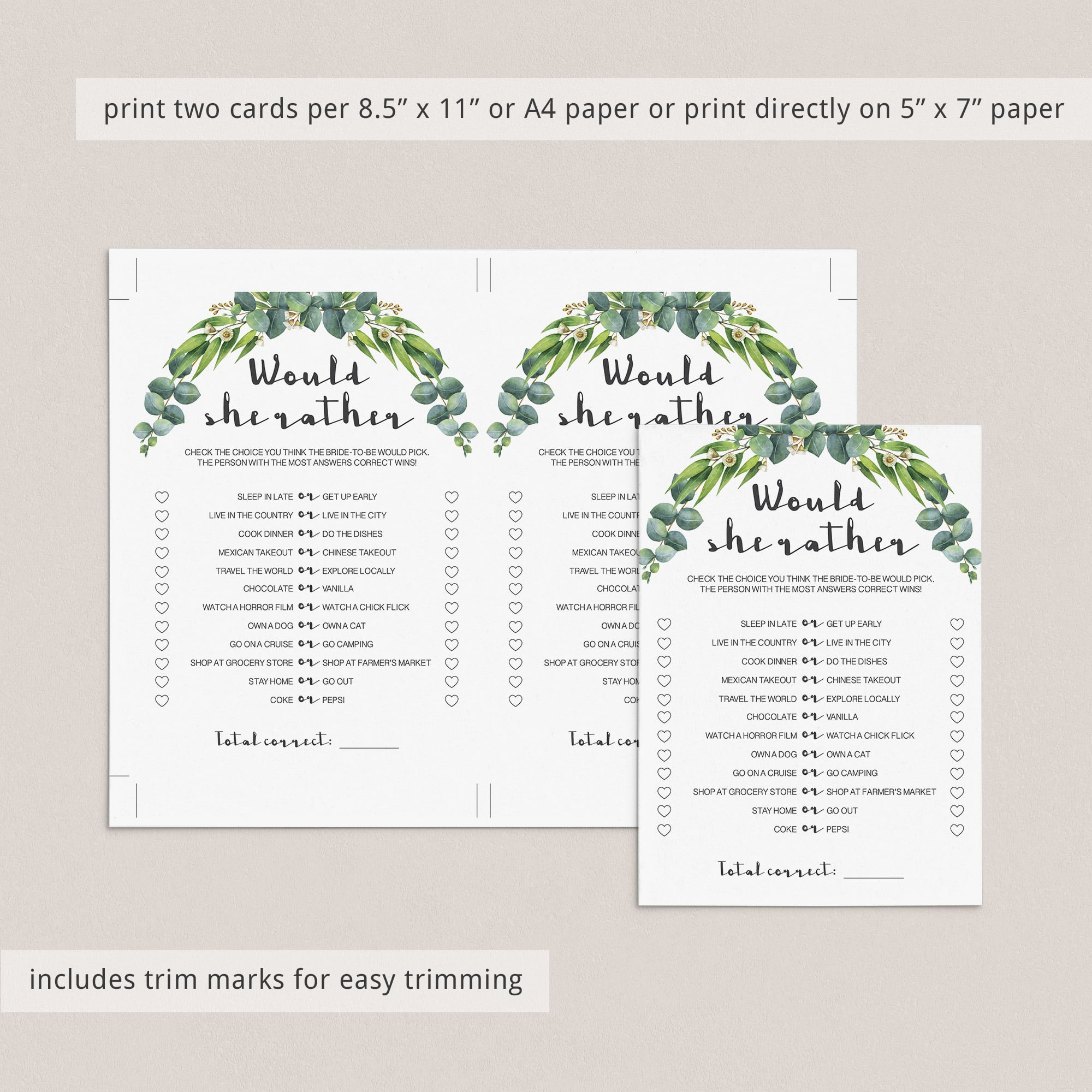 eucalyptus bridal shower games printable would she rather