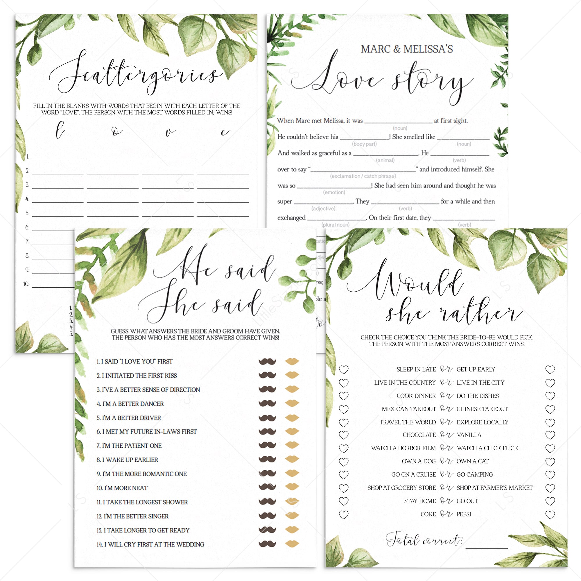 green leaf bridalshower games bundle printables by LittleSizzle