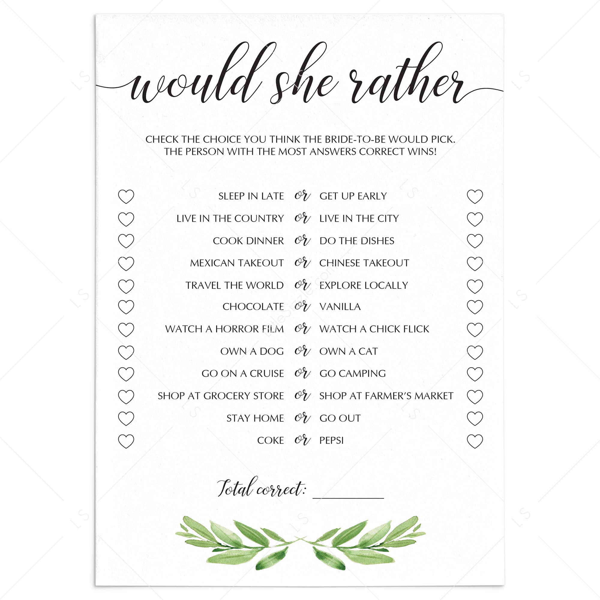 green leaves bachelorette party game printables by LittleSizzle