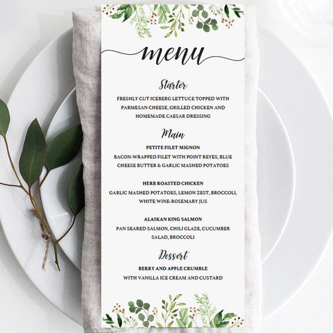 Green Leaves Menu Card editable PDF template | Instant download ...