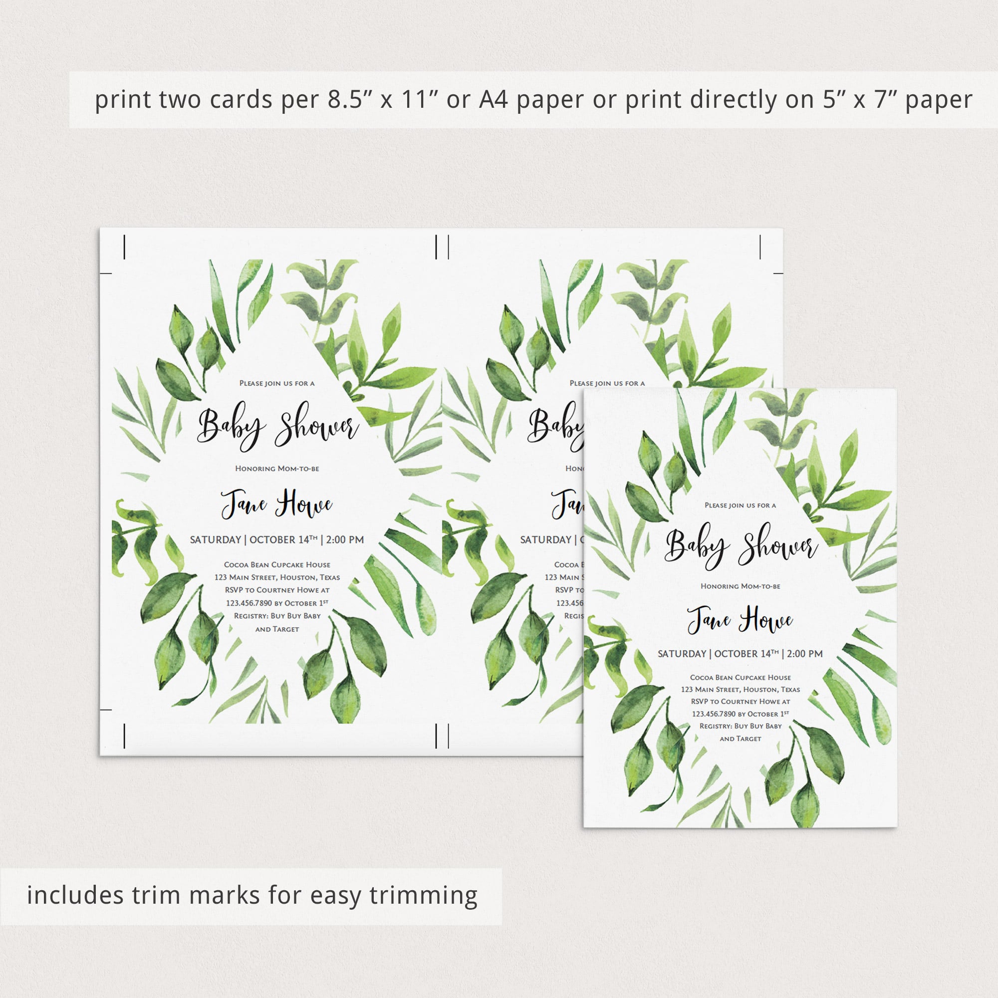 Babyshower gender neutral invitation green watercolor leaves by LittleSizzle