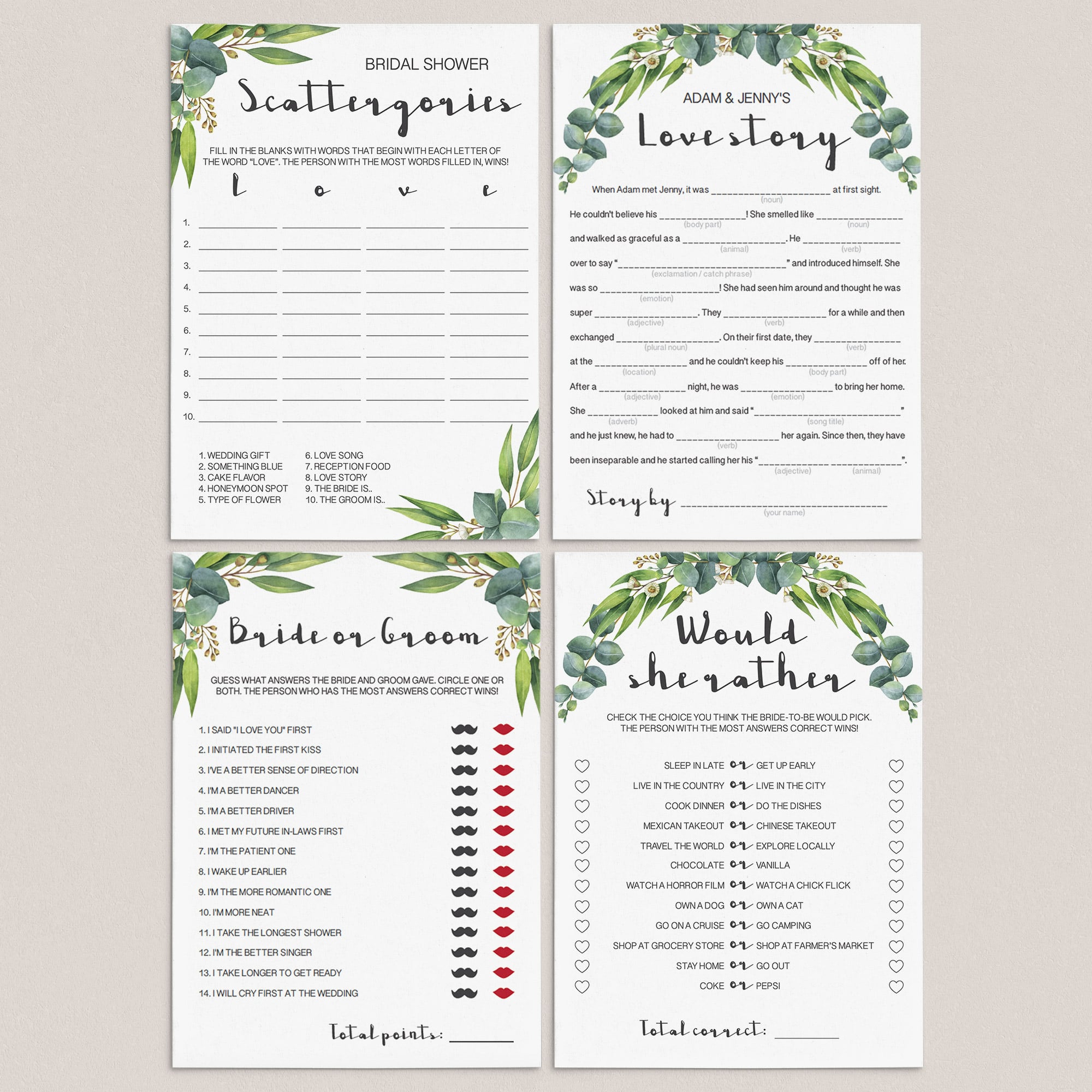 eucalyptus bridal shower games package download by LittleSizzle