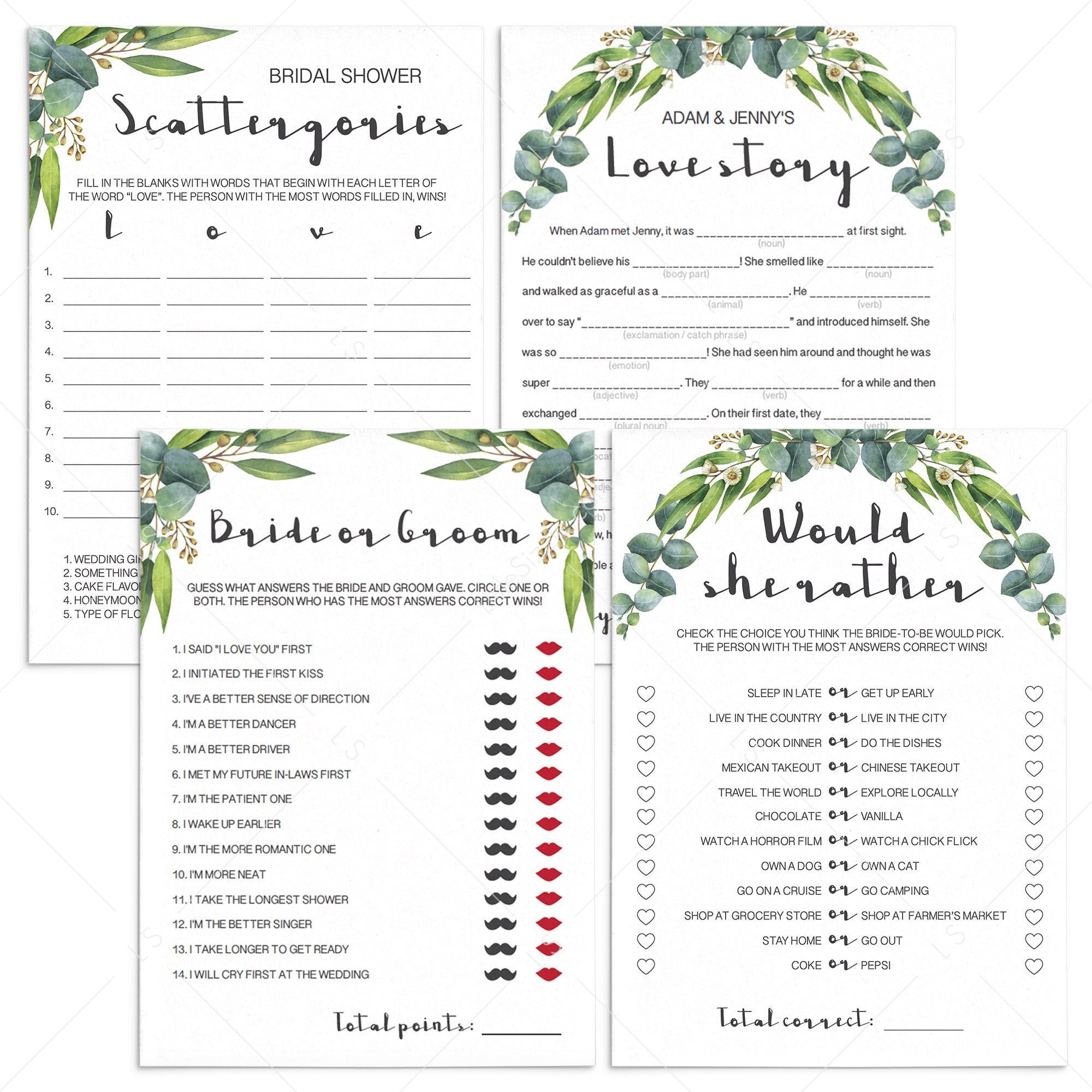 eucalyptus bridal shower games package download by LittleSizzle