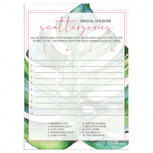 green monstera leaf bridal scattergories game printables by LittleSizzle