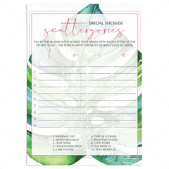 green monstera leaf bridal scattergories game printables by LittleSizzle