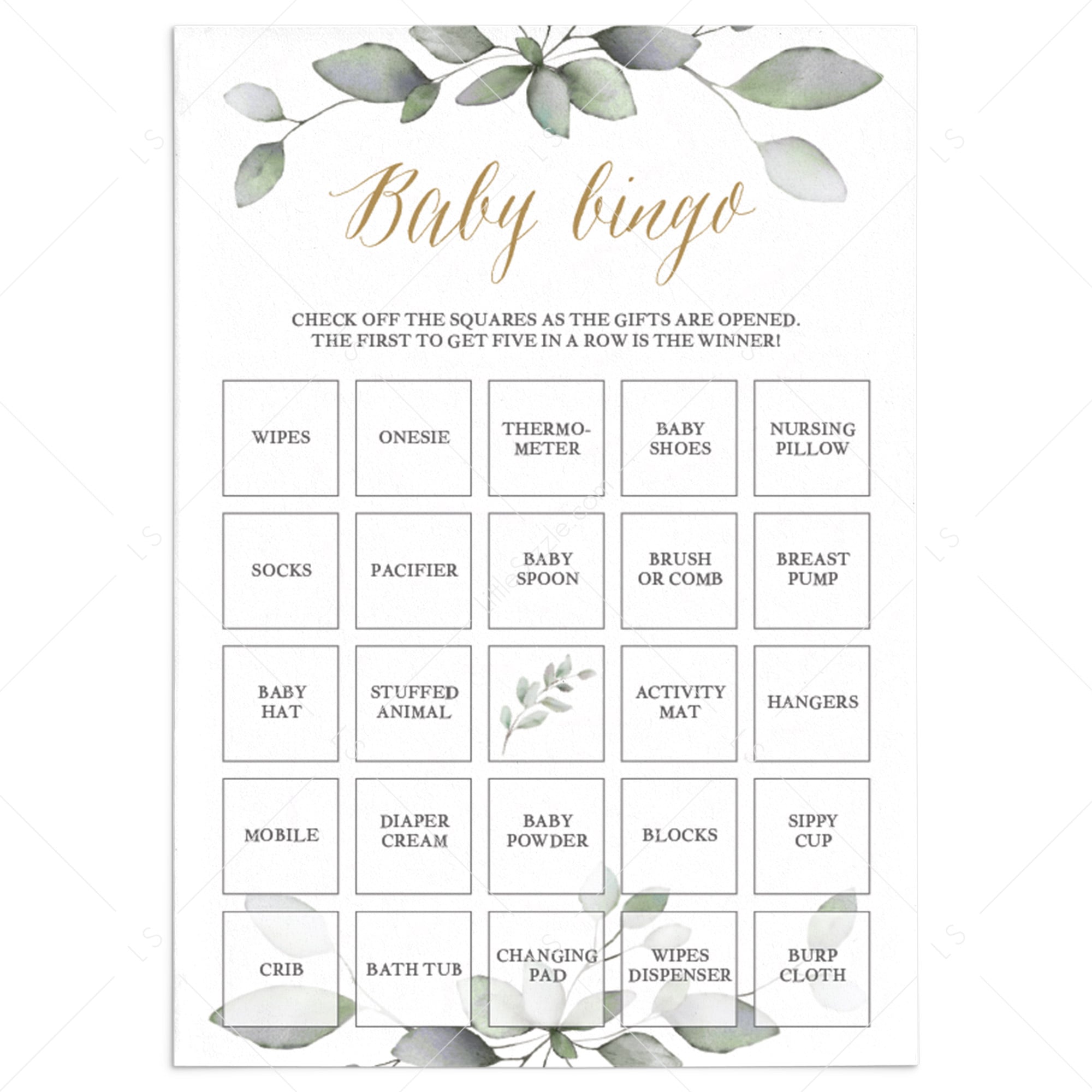 Gold And Greenery Baby Shower Bingo Cards | 30 Prefilled Cards Included ...