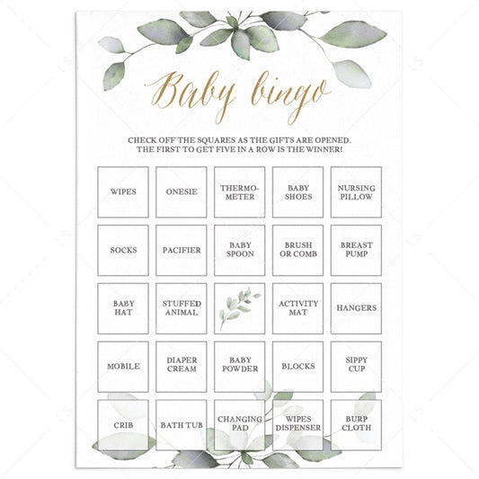 Gold And Greenery Baby Shower Bingo Cards Prefilled by LittleSizzle