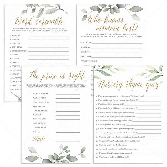 Gold and Greenery Baby Shower Games Pack Printable by LittleSizzle