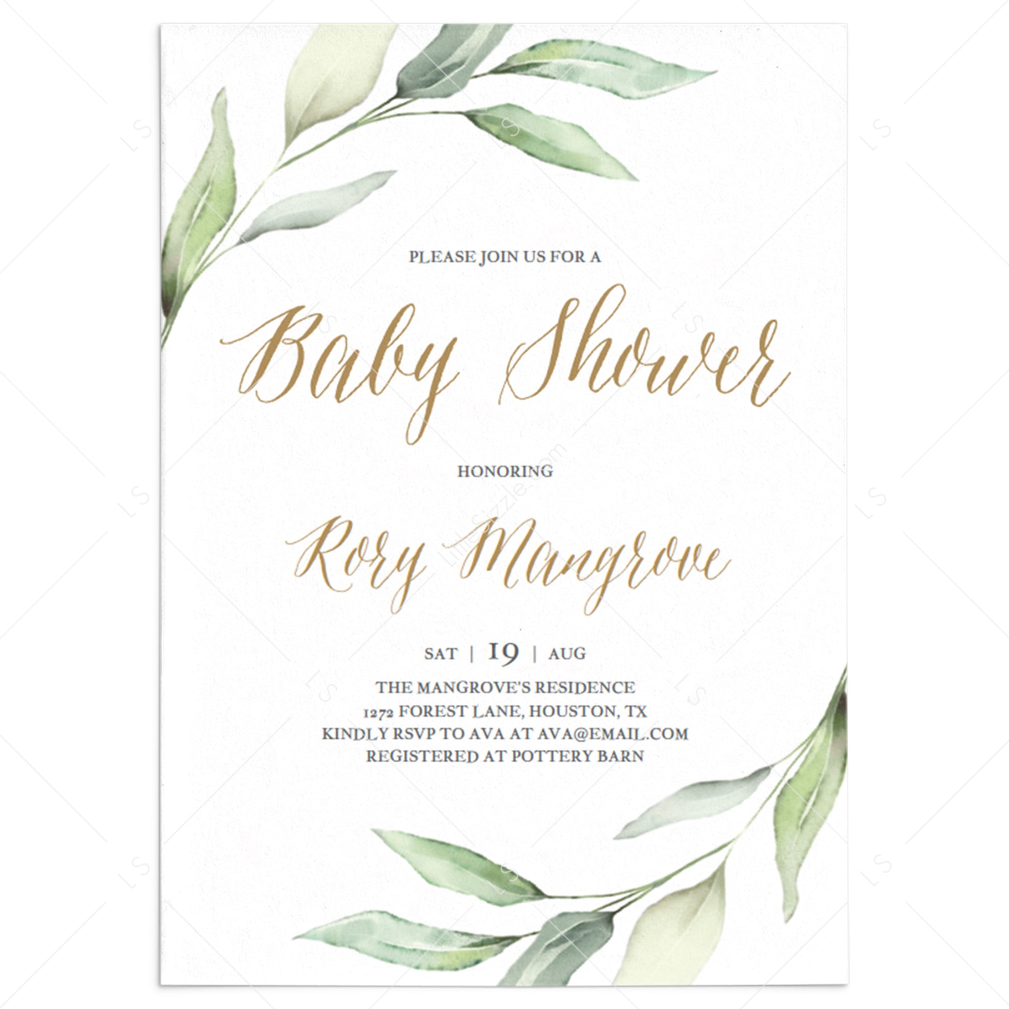Watercolor green and gold baby shower invitation template by LittleSizzle