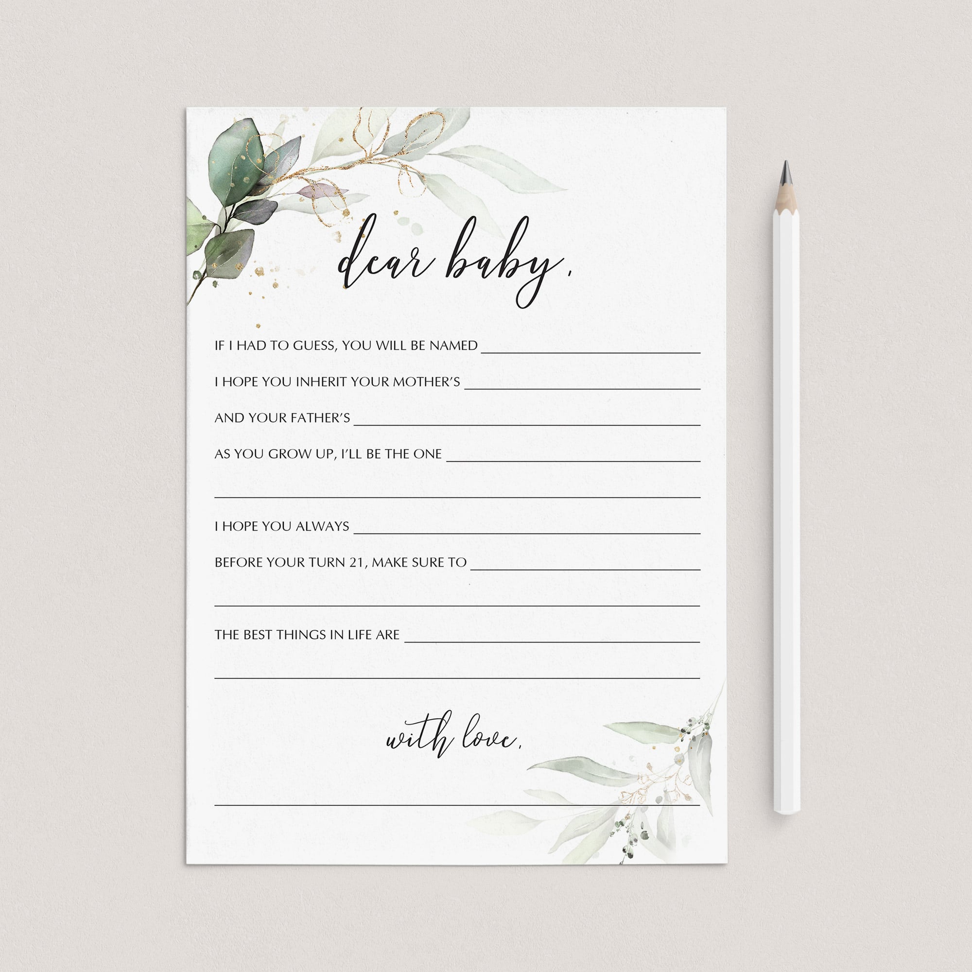Greenery and Gold Foil Wishes for Baby Cards Printable by LittleSizzle