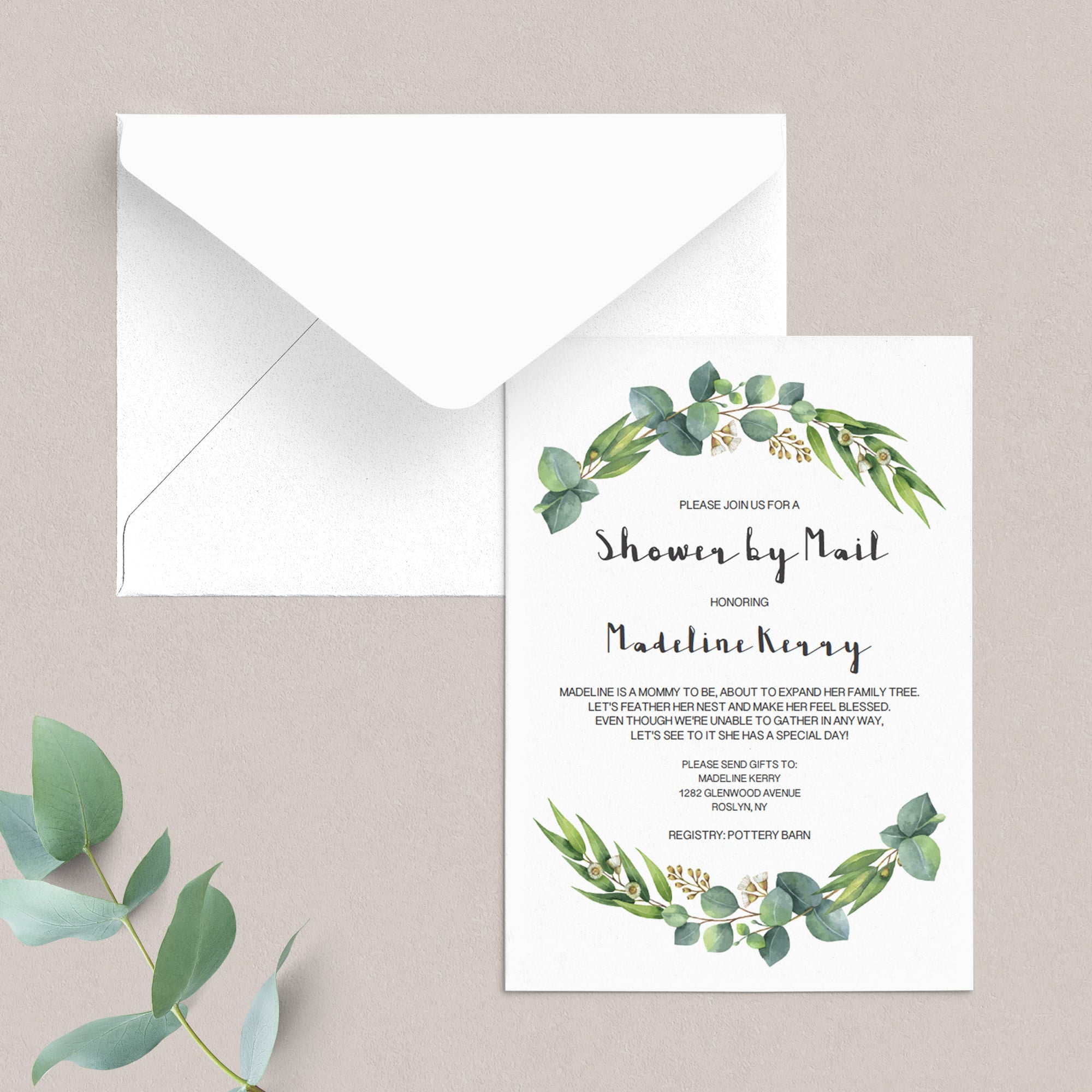 Greenery baby shower by mail invitation editable pdf template by LittleSizzle