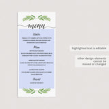 Green leaves baby shower menu printable template by LittleSizzle