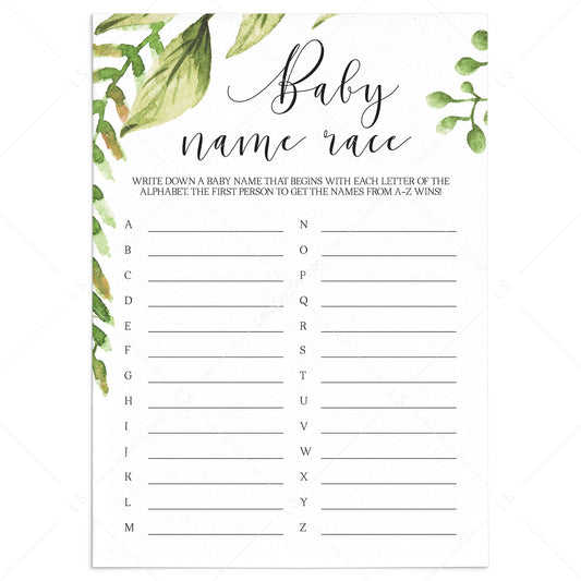 Greenery baby name race card baby shower game printable by LittleSizzle