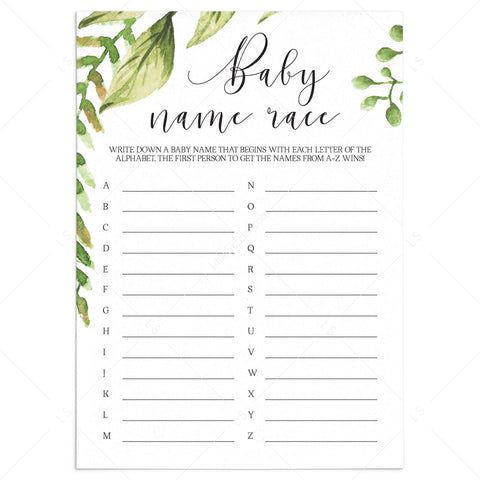 Greenery Baby Name Race card printable baby shower game | Instant ...