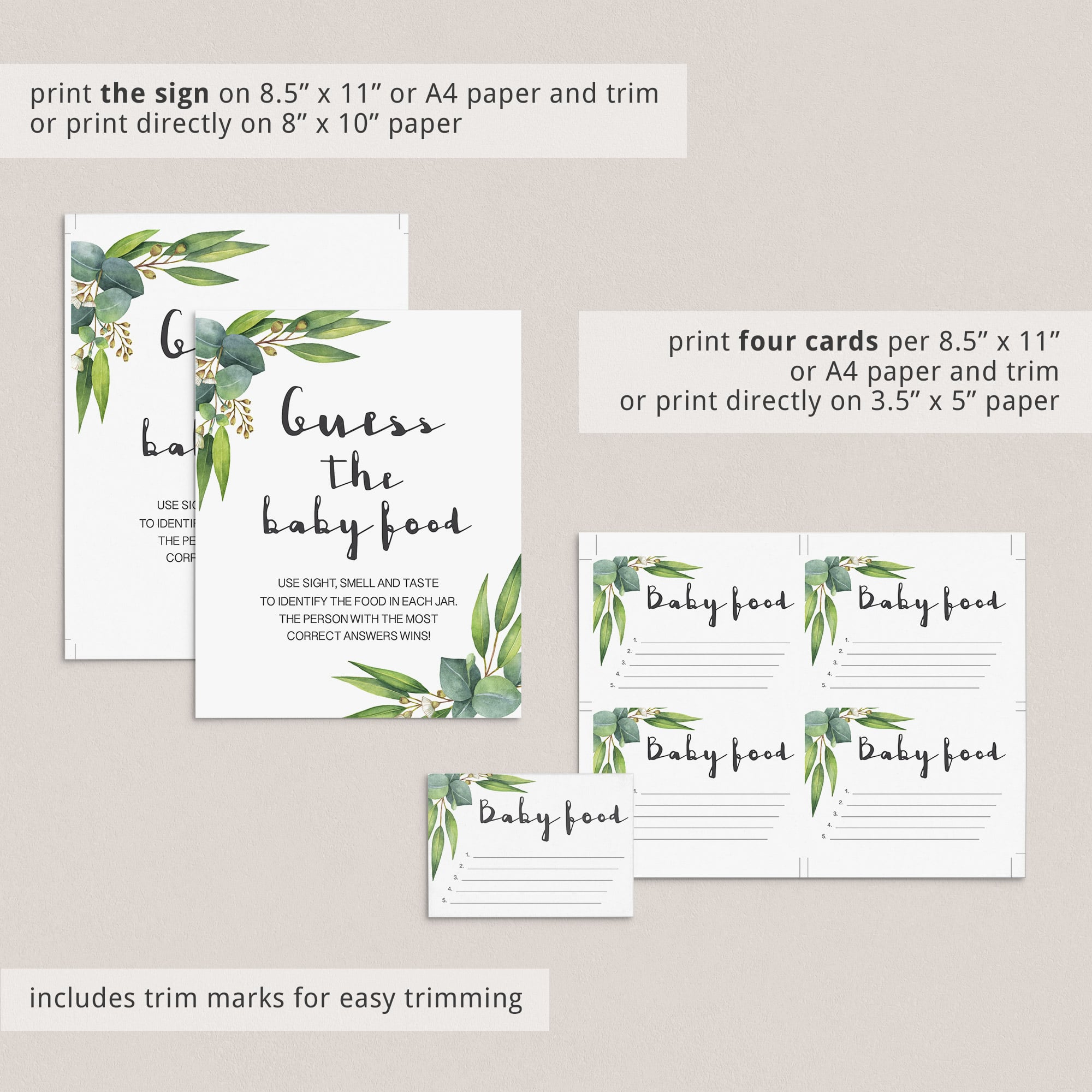 Eucalyptus leaves baby shower sign guess the baby food instant download by LittleSizzle