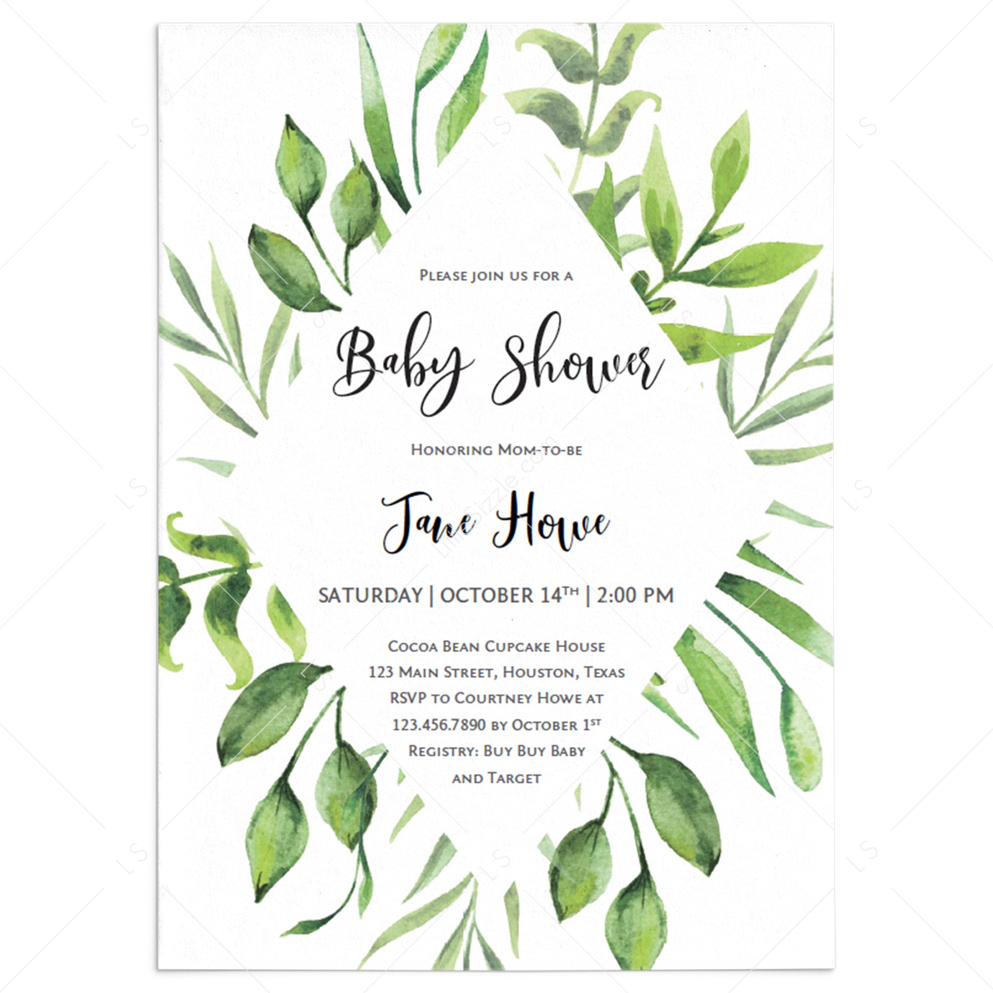Fern and leaves baby shower invitation template by LittleSizzle