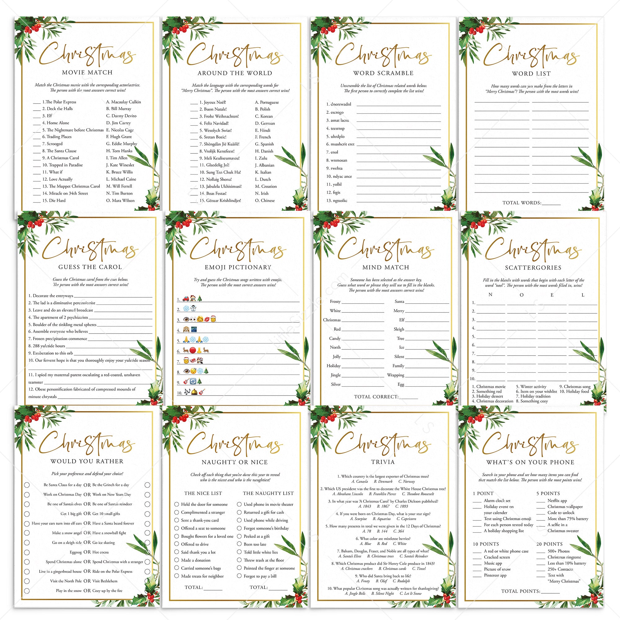 Gold and Greenery Christmas Games Bundle Printable by LittleSizzle