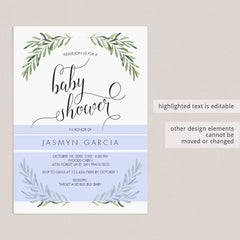 Calligraphy Baby Shower Invitation Template with Green Olive Branch