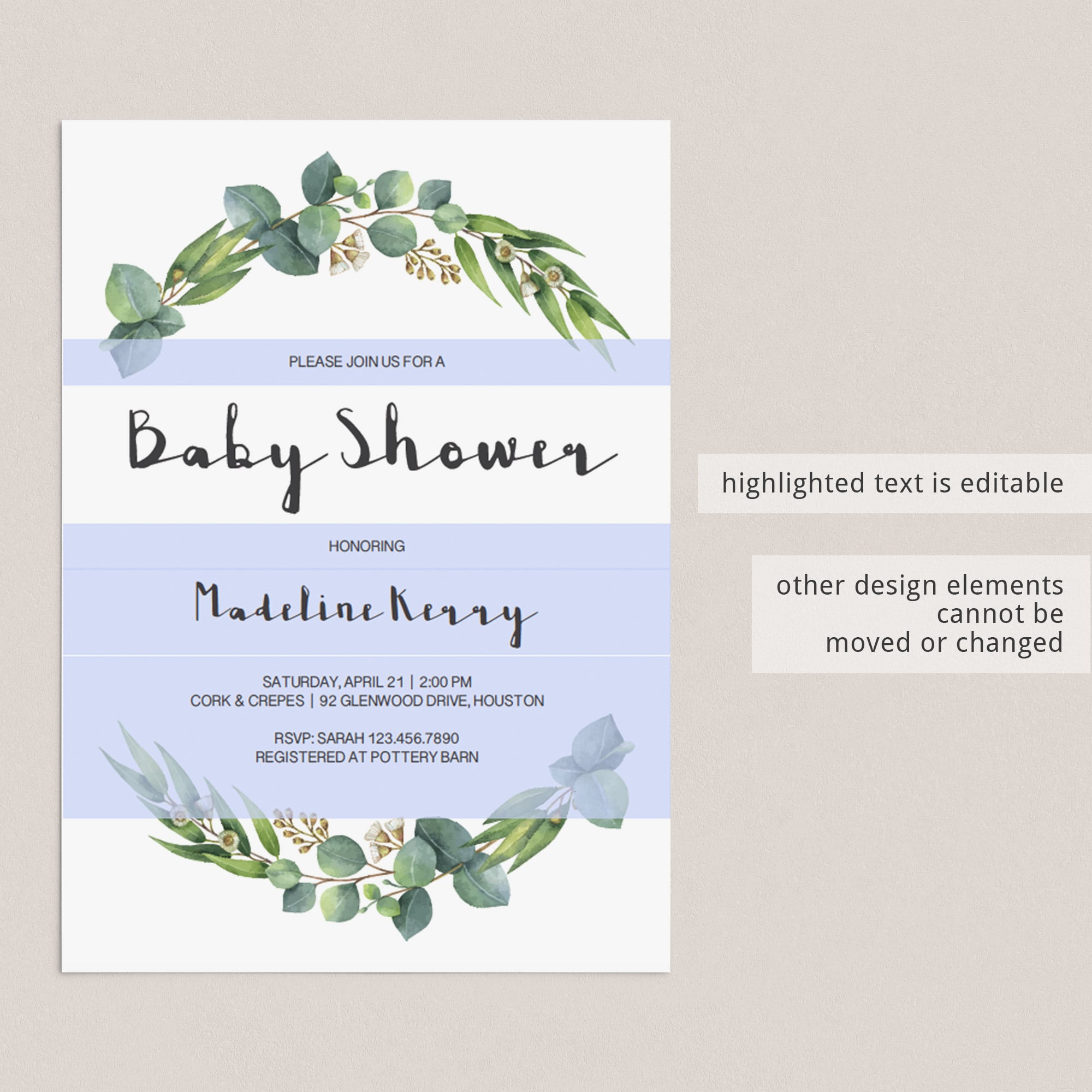 Editable eucalyptus baby party invitation PDF by LittleSizzle