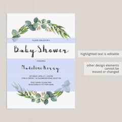 Editable eucalyptus baby party invitation PDF by LittleSizzle