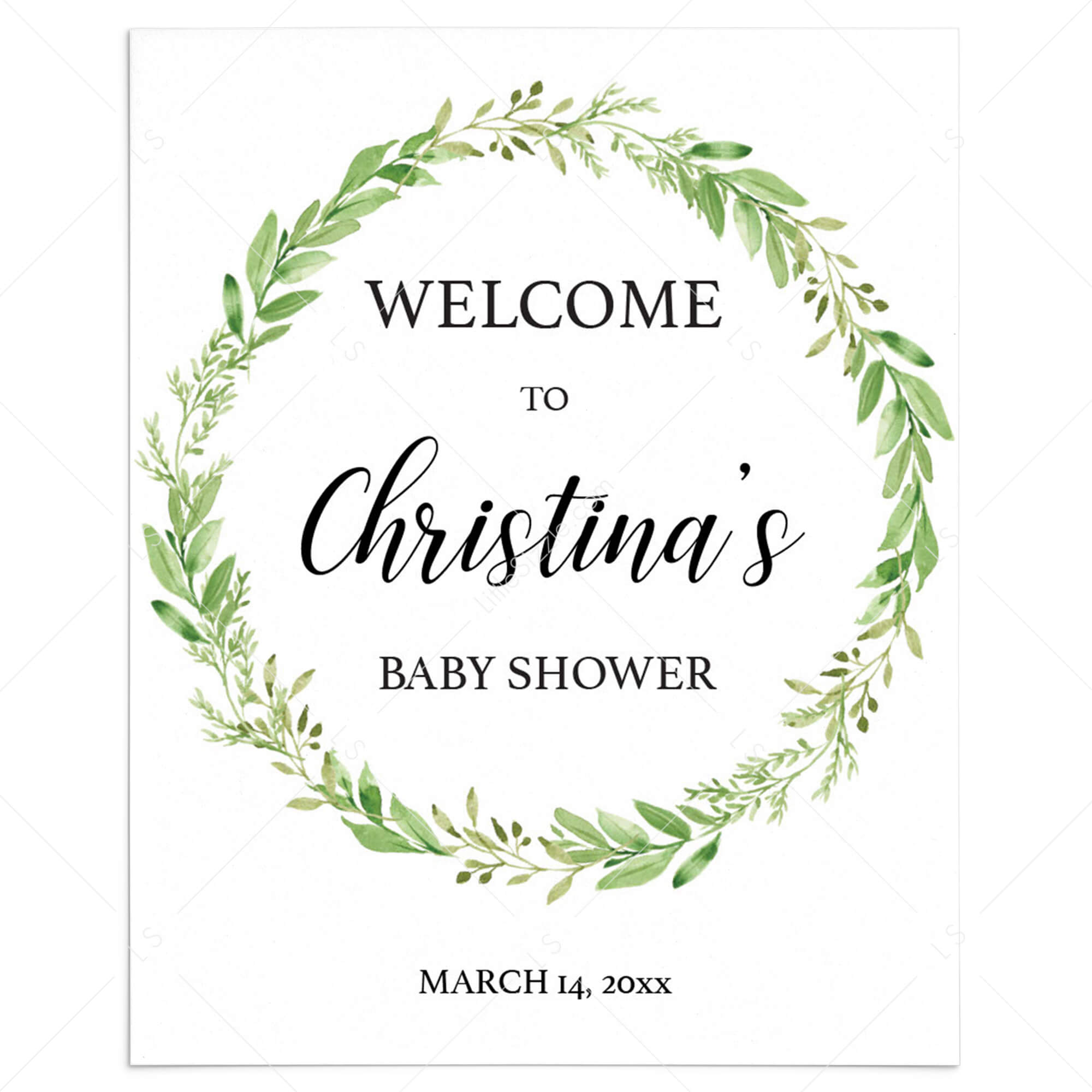 Greenery Wreath Baby Shower Welcome Sign Template by LittleSizzle