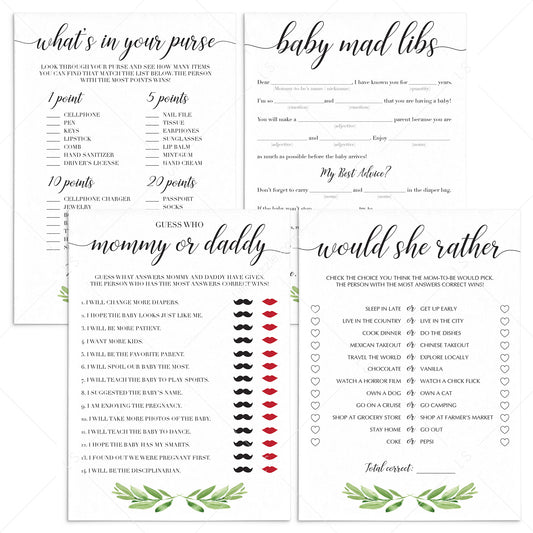 Green leafy baby shower games bundle printable by LittleSizzle