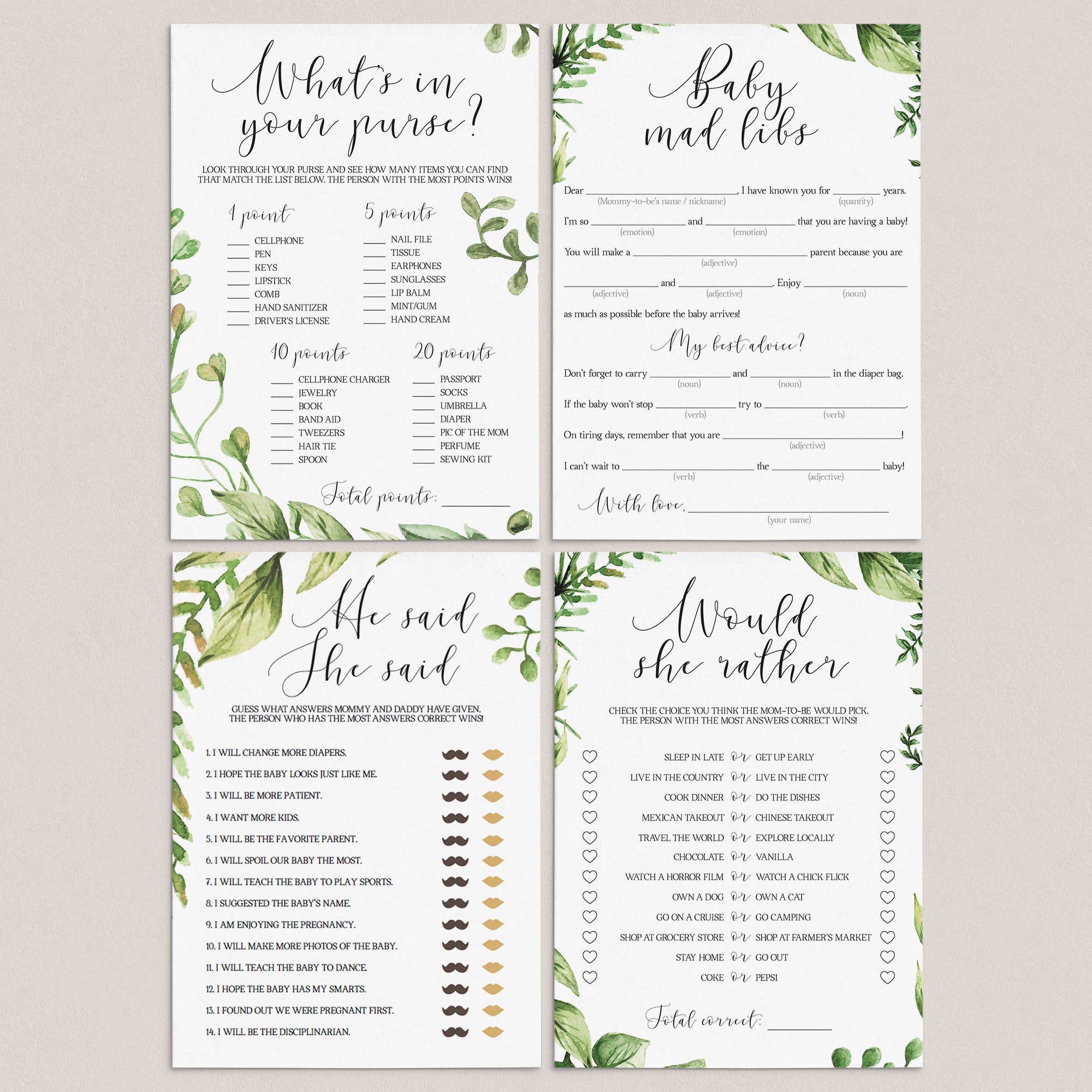 Botanical baby shower games printable package by LittleSizzle