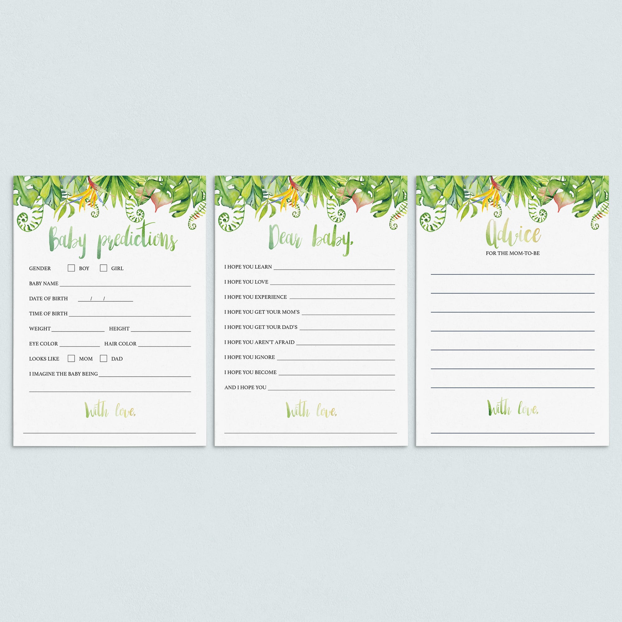 Tropical leaf baby shower games printable by LittleSizzle