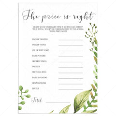 Guess the price baby shower game printable greenery by LittleSizzle