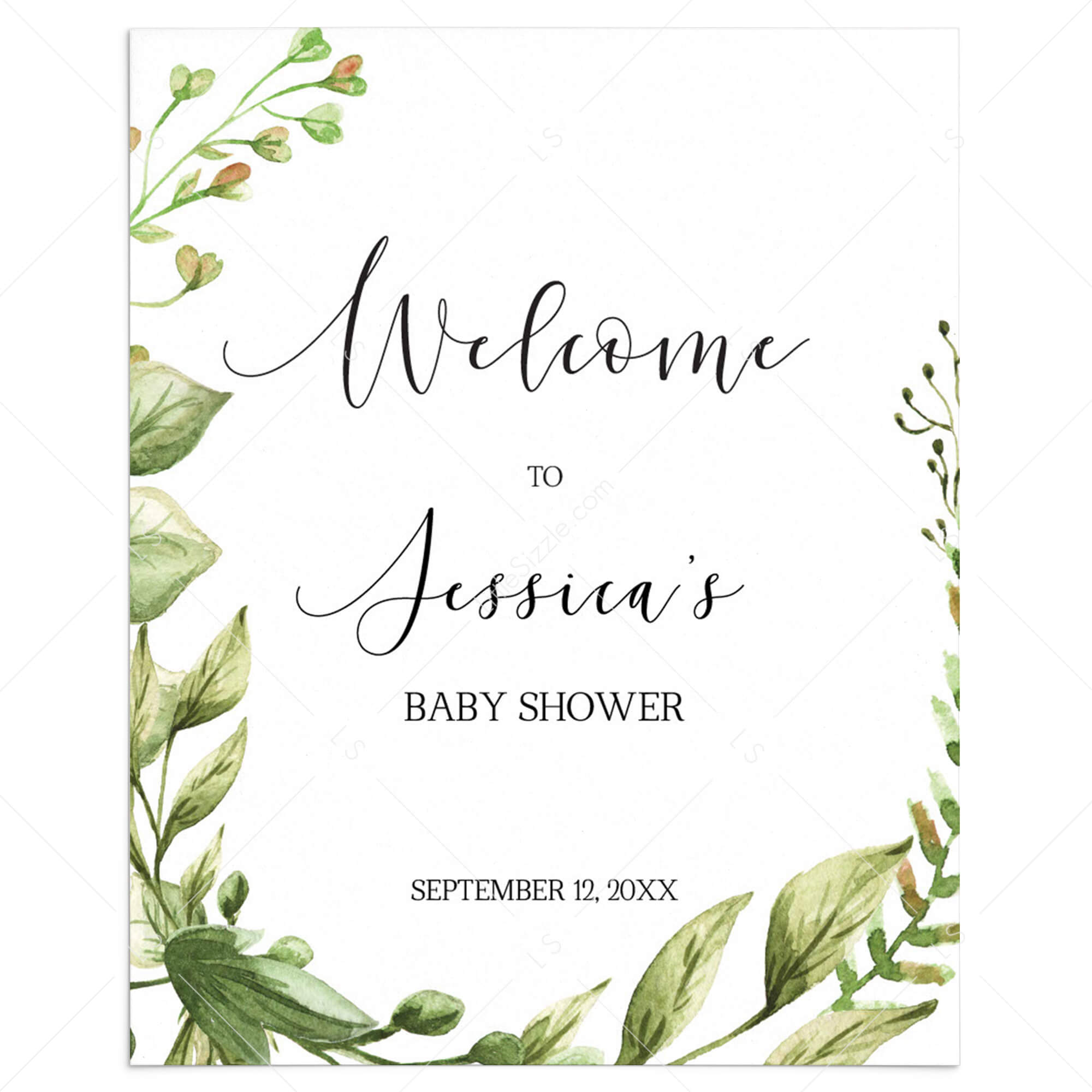 Welcome To Baby Shower Sign PDF Template Green Leaves by LittleSizzle