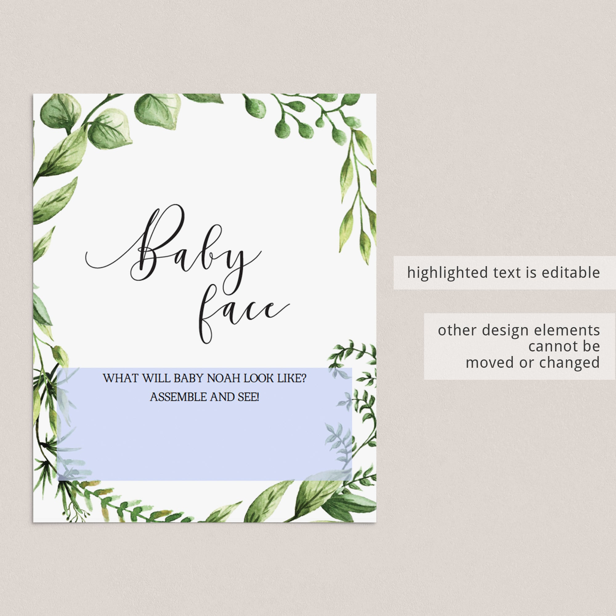 DIY baby shower activities signs editable templates greenery by LittleSizzle