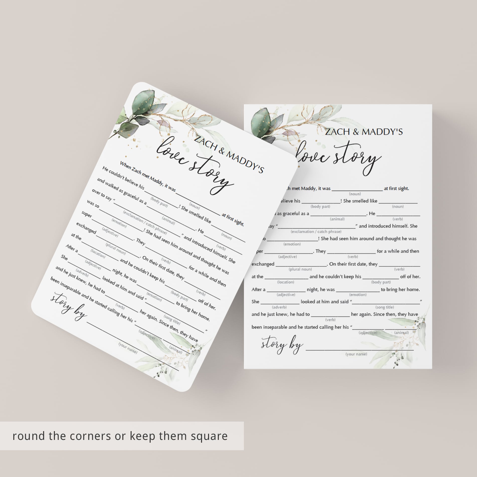 green and gold love story mad libs game template