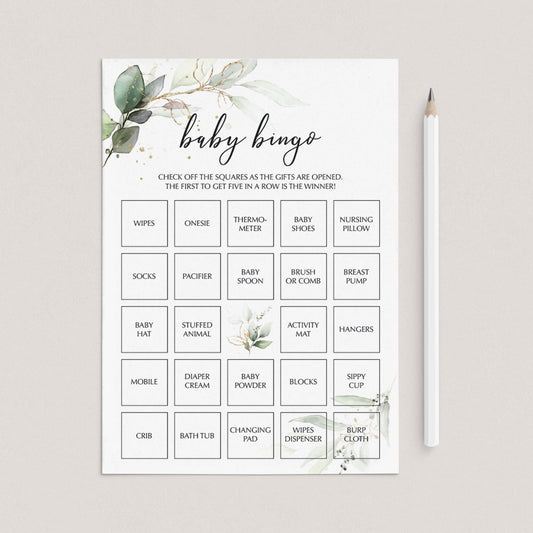 Baby Shower Bingo Cards Printable Greenery and Gold by LittleSizzle